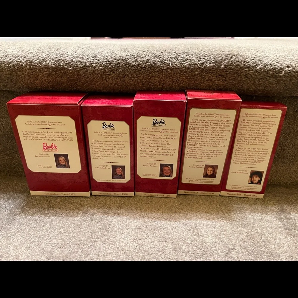 Lot of 5 Barbie ornaments.  Dated 1997-2001. In boxes